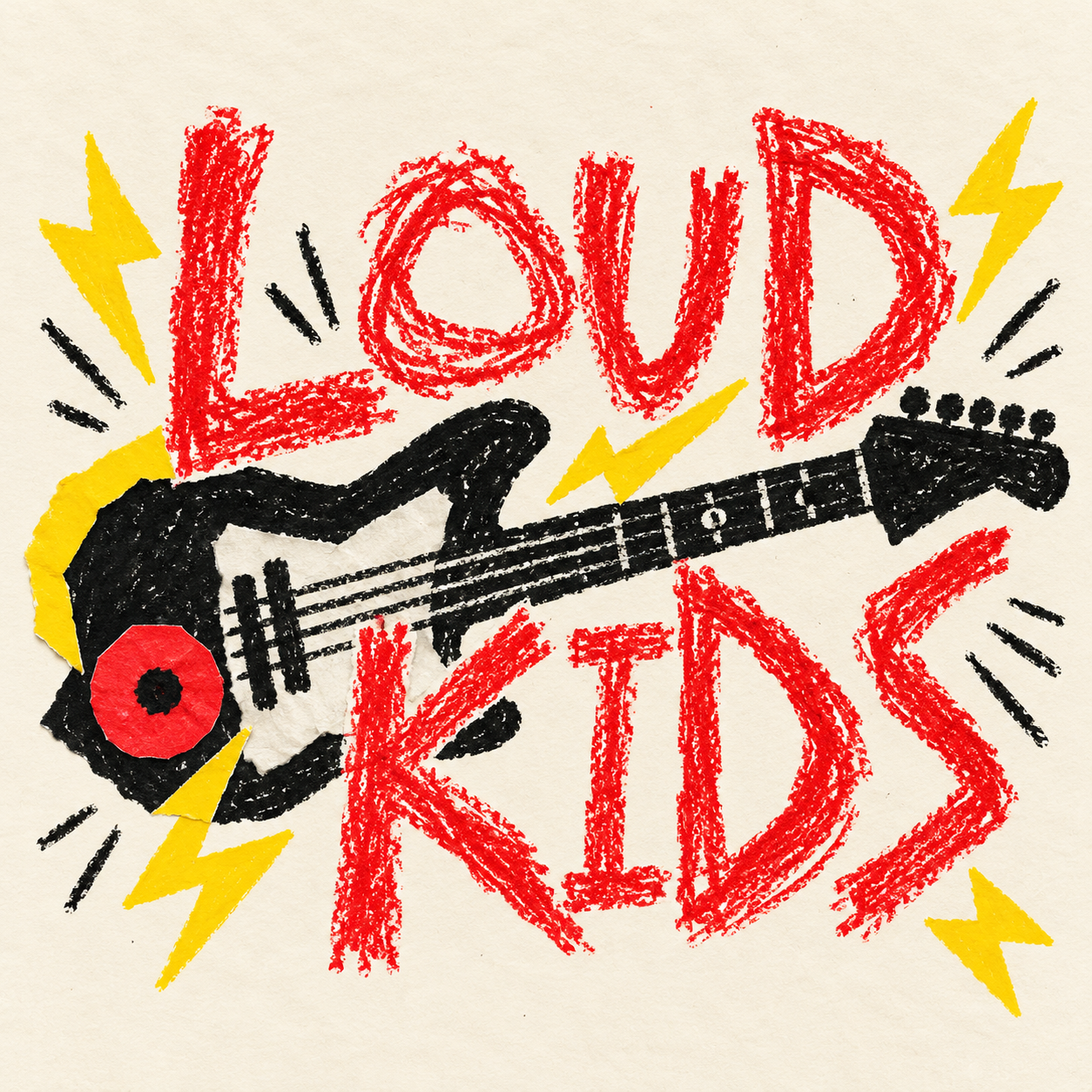 LOUD KIDS crayon logo with guitar and yellow lightning accents