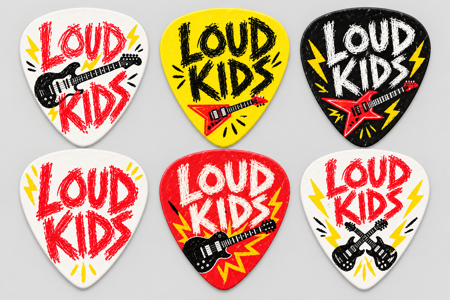 Six LOUD KIDS guitar pick designs in white, yellow, black and red with punk guitars and crayon lettering