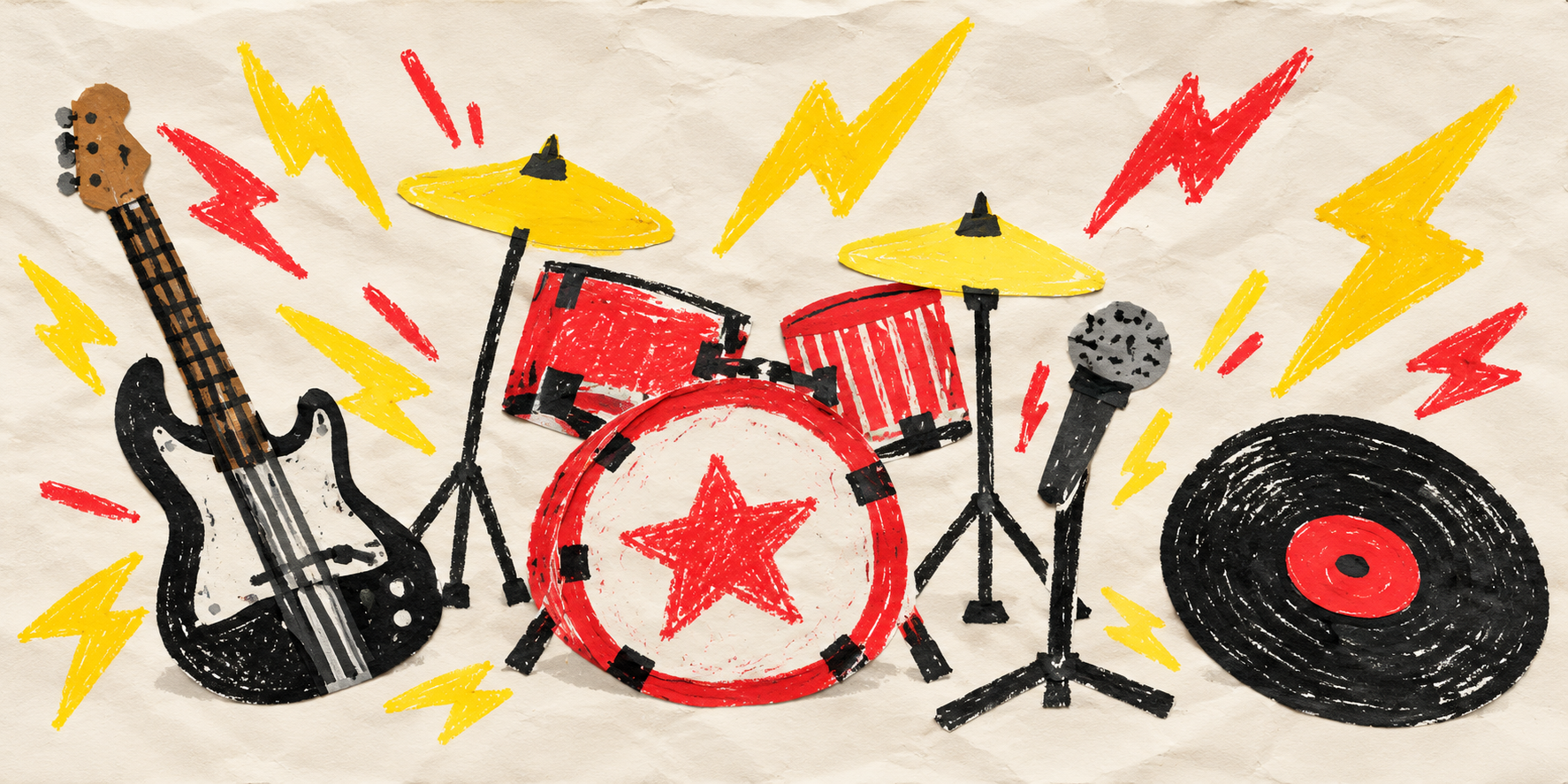 Playful crayon artwork with a guitar, drums, vinyl record and microphone