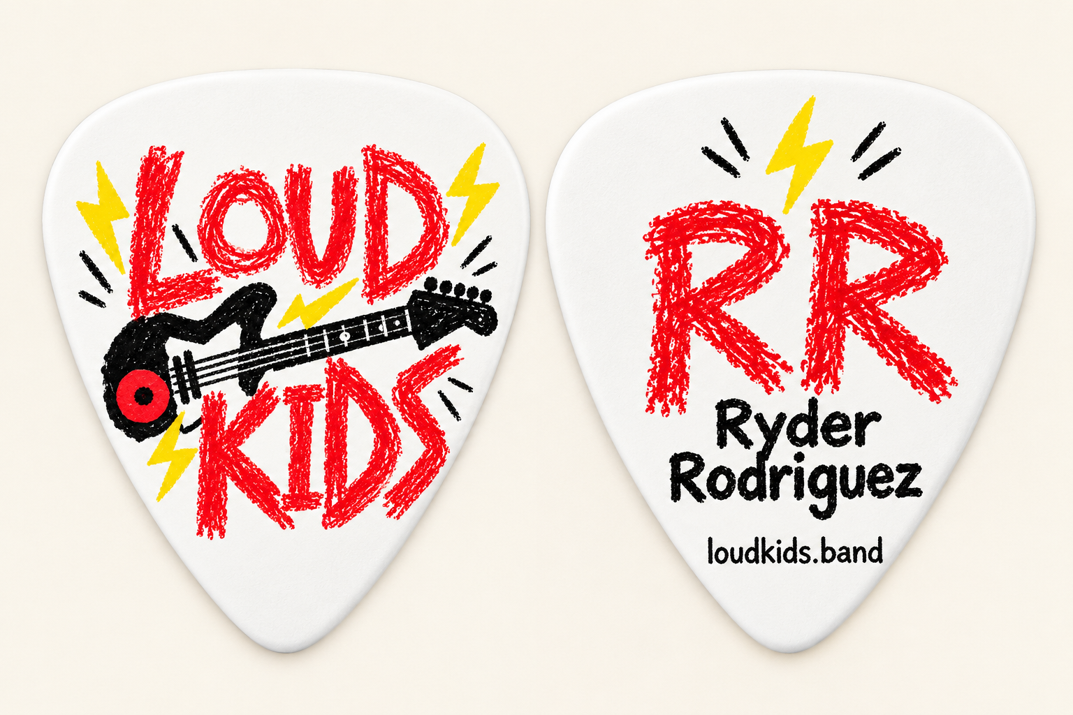 Front and back of a LOUD KIDS pick featuring the guitar logo and Ryder Rodriguez signature design