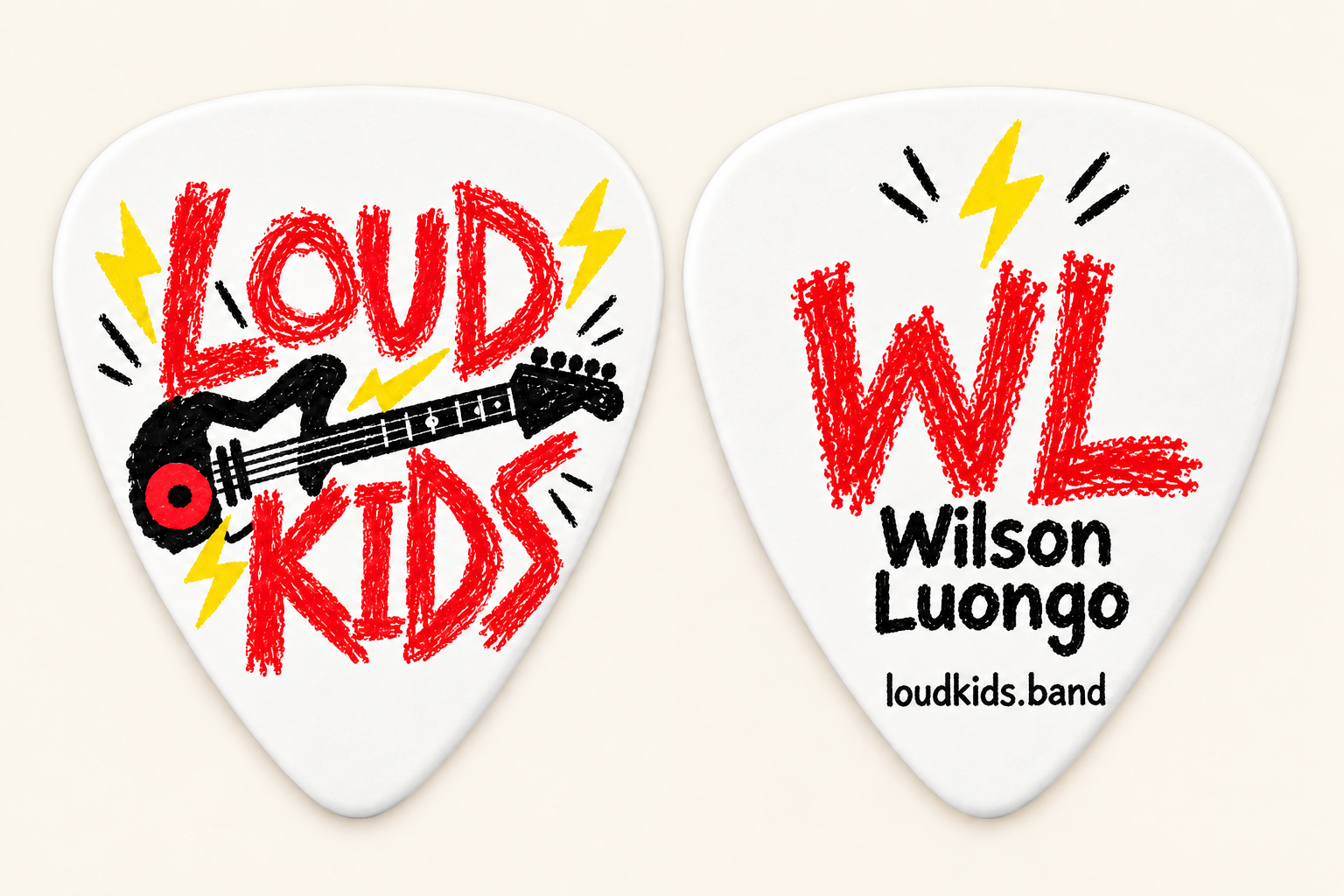 Front and back of a LOUD KIDS pick featuring the guitar logo and Wilson Luongo signature design